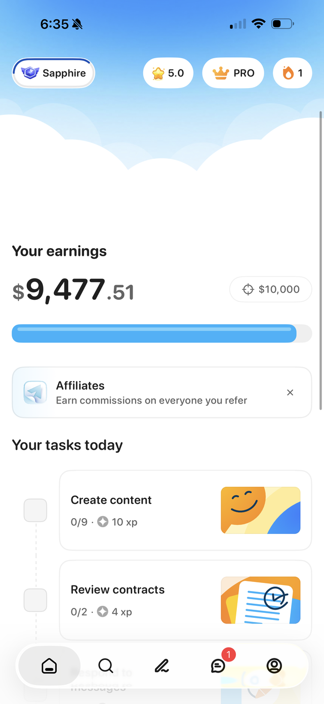 UGC platform earnings dashboard showing $9,477.51 in creator earnings